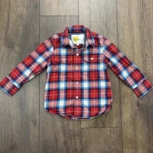 Mini Boden Kids Flannel Button Down Shirt In Rockabilly Red Check Size 4-5Y